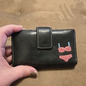 Fossil Black Wallet with Pink and Blue Bikini Design